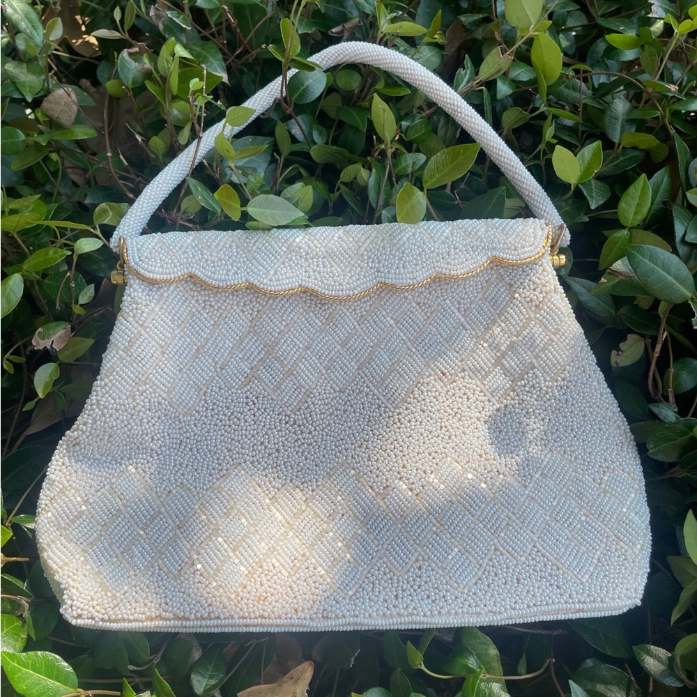 Vintage White Beaded Clutch Purse by Josef Hong Kong